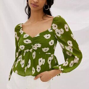ASTR The Label Babydoll Top Green Floral Puff Long Sleeve M Boho Classic Modest